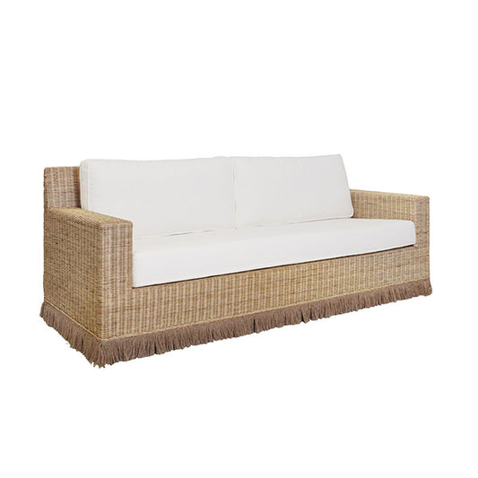Worlds Away - Lawson Style Sofa In Natural Rattan With Fringe Skirt And Ivory Linen Cushions - TENNY WH view 1