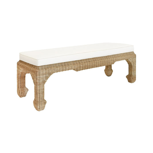 Worlds Away - Ming Style Bench In Woven Rattan With Ivory Linen Cushion - MASSEY view 1