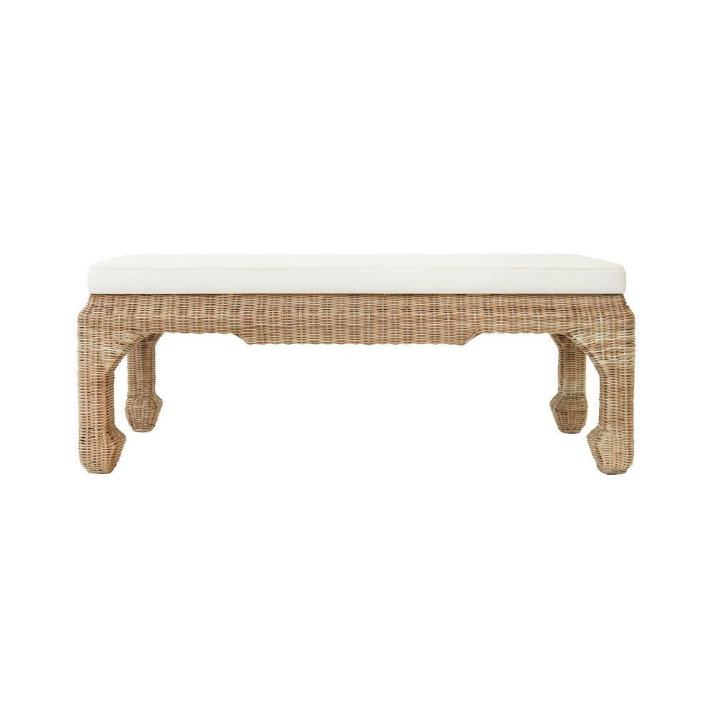 Worlds Away - Ming Style Bench In Woven Rattan With Ivory Linen Cushion - MASSEY view 2