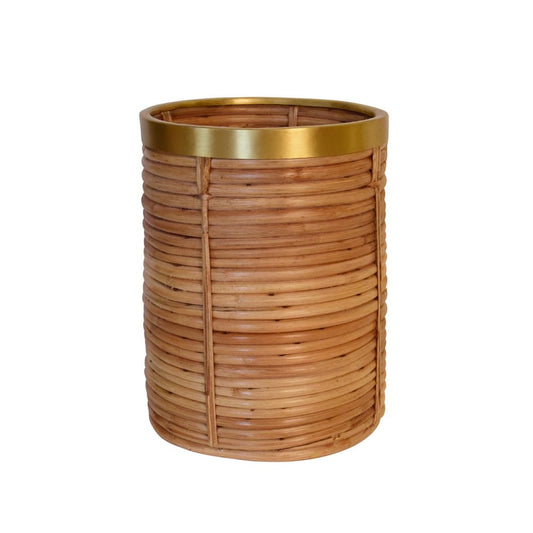 Worlds Away - Natural Rattan Waste Basket With Brass Rim Detail - BRIM view 1