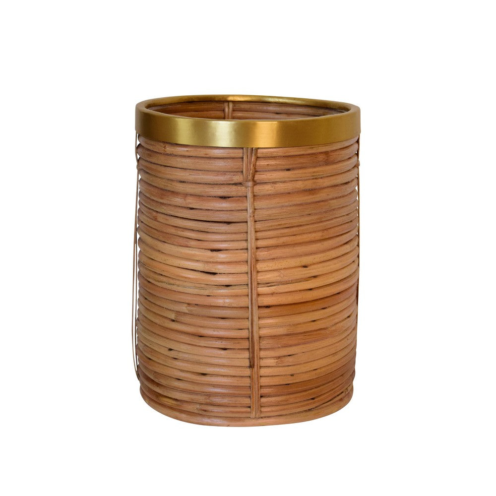 Worlds Away - Natural Rattan Waste Basket With Brass Rim Detail - BRIM view 2