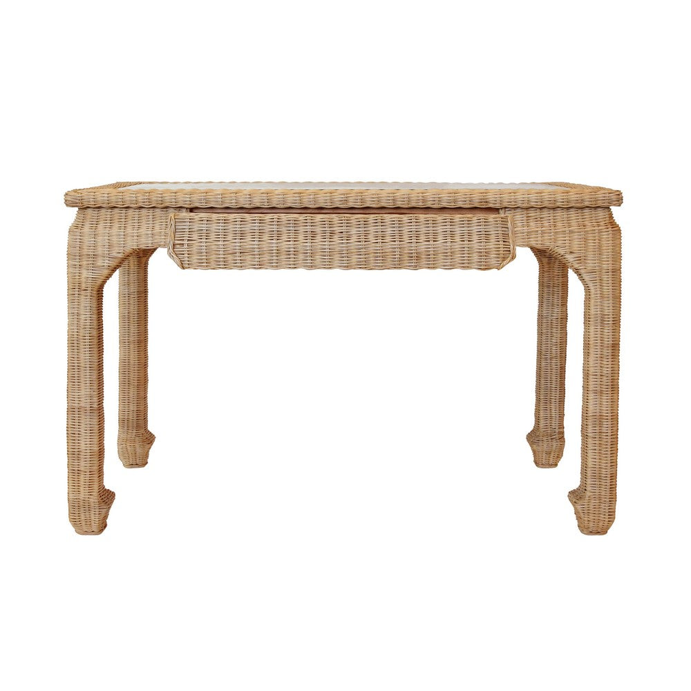 Worlds Away - One Drawer Ming Style Desk In Woven Rattan With Glass Top - VERRA view 3