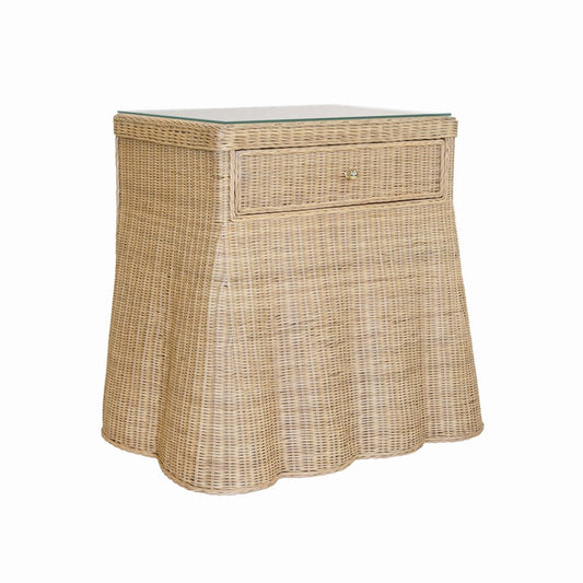 Worlds Away - One Drawer Rectangular Side Table With Flared Scalloped Base In Rattan With Glass Top - GISELLE view 1
