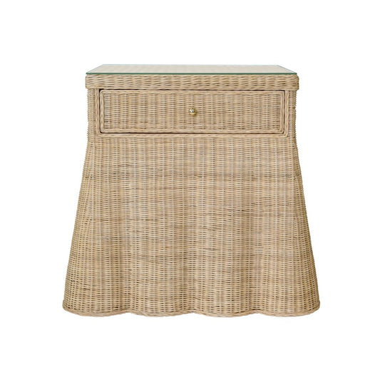 Worlds Away - One Drawer Rectangular Side Table With Flared Scalloped Base In Rattan With Glass Top - GISELLE view 2