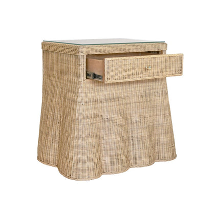 Worlds Away - One Drawer Rectangular Side Table With Flared Scalloped Base In Rattan With Glass Top - GISELLE view 3