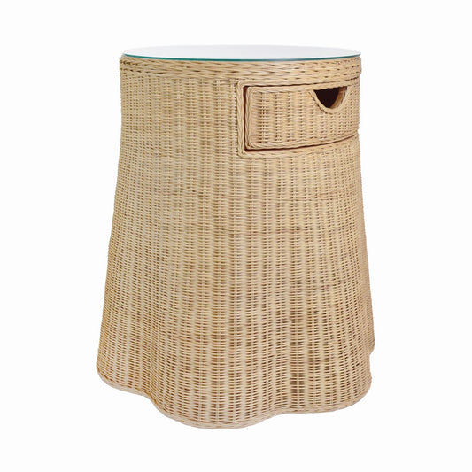 Worlds Away - One Drawer Round Side Table With Flared Scalloped Base In Rattan With Glass Top - INGRID view 1