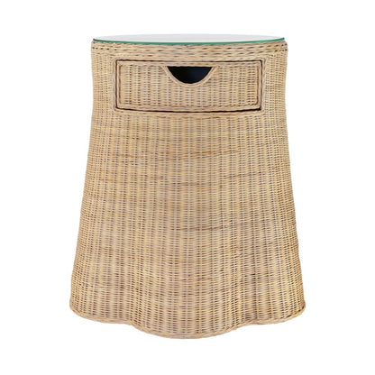 Worlds Away - One Drawer Round Side Table With Flared Scalloped Base In Rattan With Glass Top - INGRID view 2