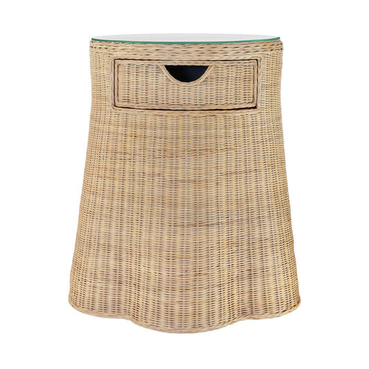 Worlds Away - One Drawer Round Side Table With Flared Scalloped Base In Rattan With Glass Top - INGRID view 2