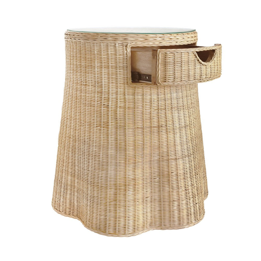 Worlds Away - One Drawer Round Side Table With Flared Scalloped Base In Rattan With Glass Top - INGRID view 3