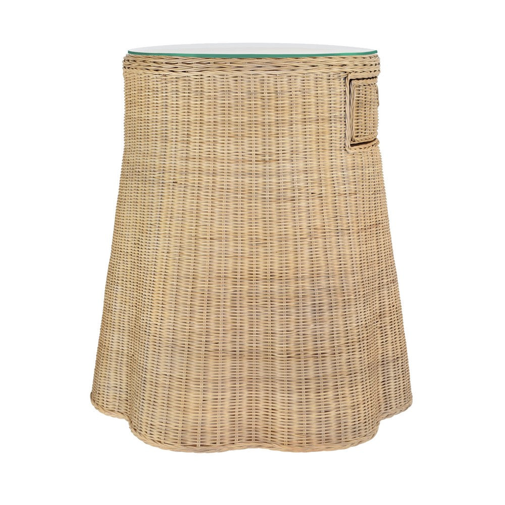 Worlds Away - One Drawer Round Side Table With Flared Scalloped Base In Rattan With Glass Top - INGRID view 4