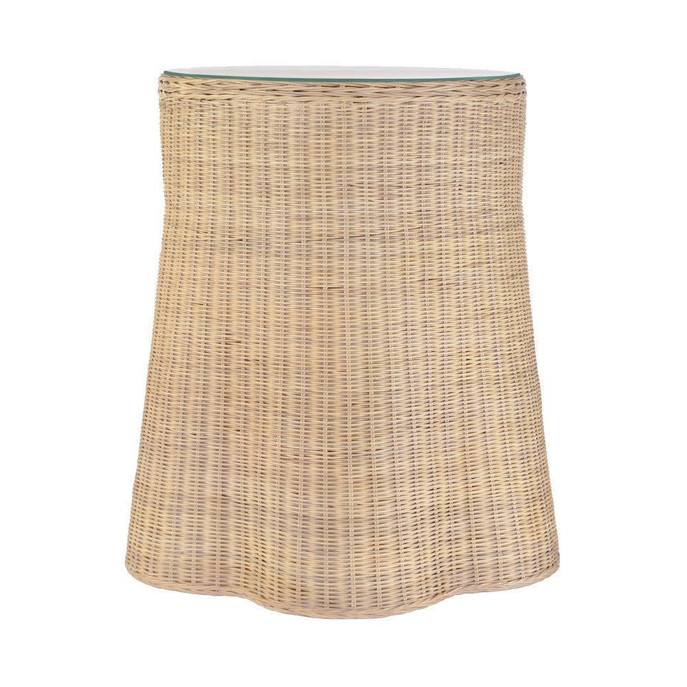 Worlds Away - One Drawer Round Side Table With Flared Scalloped Base In Rattan With Glass Top - INGRID view 5