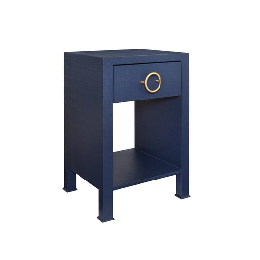 Worlds Away - One Drawer Side Table With Antique Brass Circle Hardware In Textured Navy Linen - MALCOLM NVY view 1