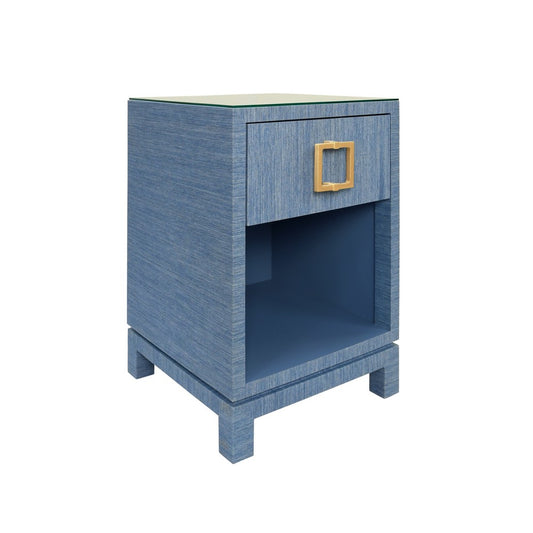 Worlds Away - One Drawer Side Table With Large Brass Square Hardware In Blue Dyed Grasscloth With Glass Top - BLAIR BL view 1