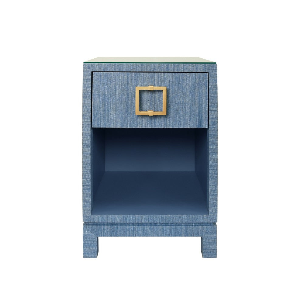 Worlds Away - One Drawer Side Table With Large Brass Square Hardware In Blue Dyed Grasscloth With Glass Top - BLAIR BL view 2