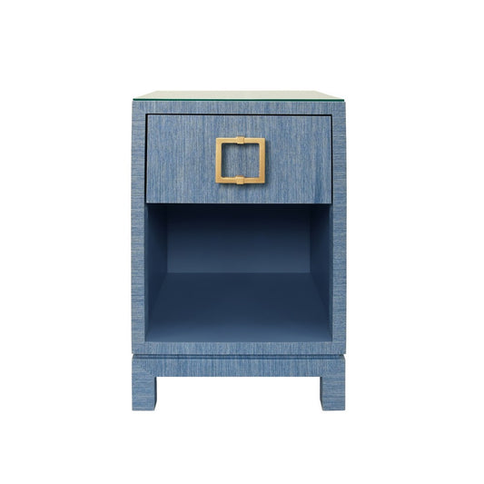 Worlds Away - One Drawer Side Table With Large Brass Square Hardware In Blue Dyed Grasscloth With Glass Top - BLAIR BL view 2