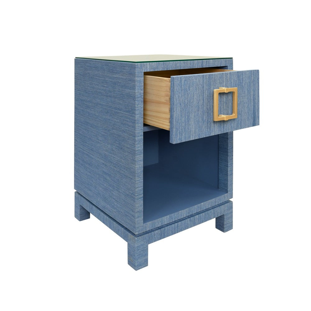 Worlds Away - One Drawer Side Table With Large Brass Square Hardware In Blue Dyed Grasscloth With Glass Top - BLAIR BL view 3