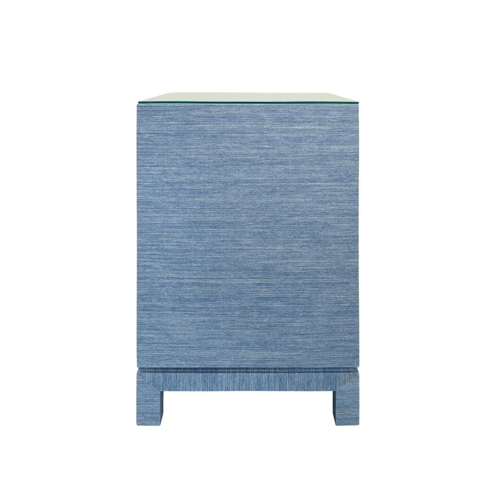 Worlds Away - One Drawer Side Table With Large Brass Square Hardware In Blue Dyed Grasscloth With Glass Top - BLAIR BL view 4
