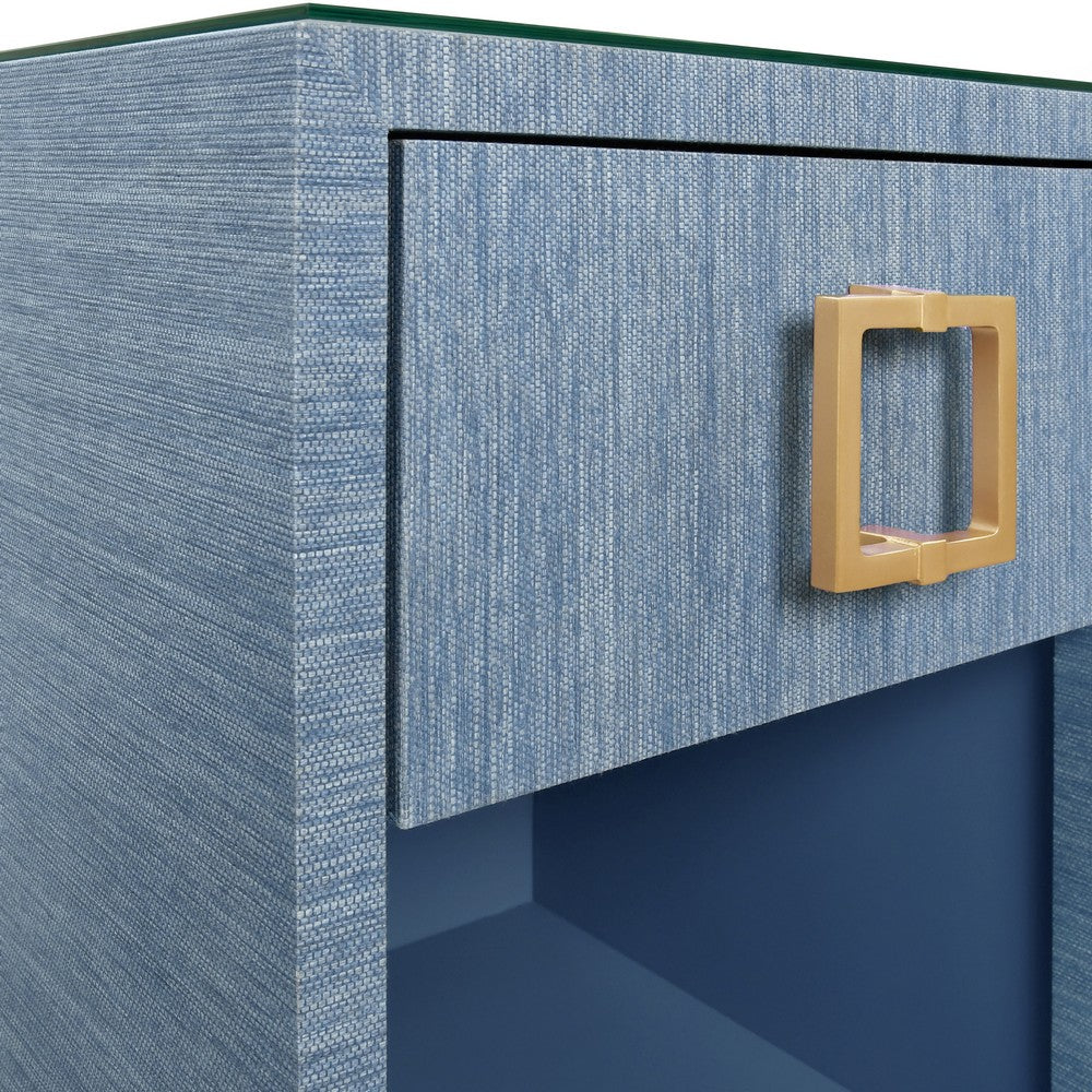 Worlds Away - One Drawer Side Table With Large Brass Square Hardware In Blue Dyed Grasscloth With Glass Top - BLAIR BL view 5