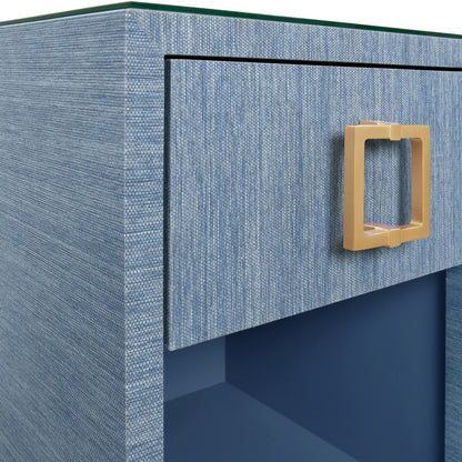 Worlds Away - One Drawer Side Table With Large Brass Square Hardware In Blue Dyed Grasscloth With Glass Top - BLAIR BL view 5