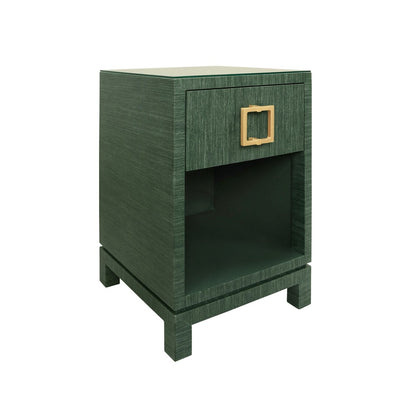 Worlds Away - One Drawer Side Table With Large Brass Square Hardware In Green Dyed Grasscloth With Glass Top - BLAIR GR view 1