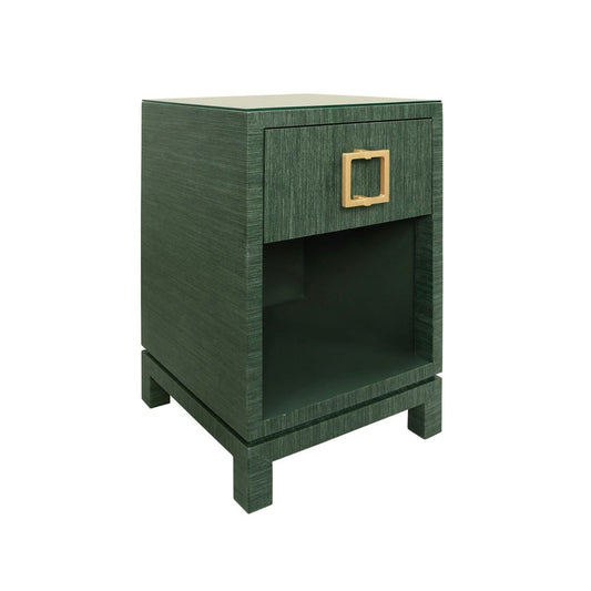 Worlds Away - One Drawer Side Table With Large Brass Square Hardware In Green Dyed Grasscloth With Glass Top - BLAIR GR view 1