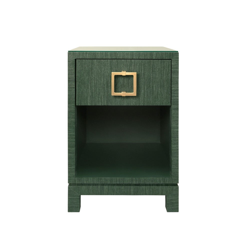 Worlds Away - One Drawer Side Table With Large Brass Square Hardware In Green Dyed Grasscloth With Glass Top - BLAIR GR view 2