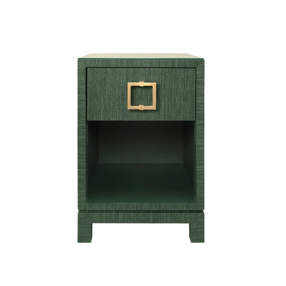 Worlds Away - One Drawer Side Table With Large Brass Square Hardware In Green Dyed Grasscloth With Glass Top - BLAIR GR view 2