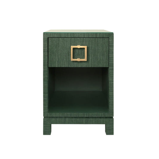 Worlds Away - One Drawer Side Table With Large Brass Square Hardware In Green Dyed Grasscloth With Glass Top - BLAIR GR view 2