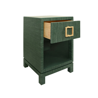 Worlds Away - One Drawer Side Table With Large Brass Square Hardware In Green Dyed Grasscloth With Glass Top - BLAIR GR view 3
