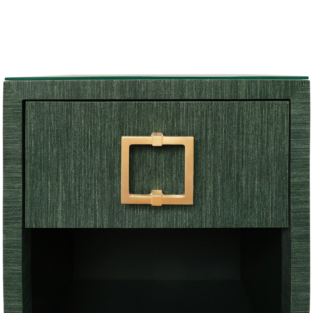 Worlds Away - One Drawer Side Table With Large Brass Square Hardware In Green Dyed Grasscloth With Glass Top - BLAIR GR view 5
