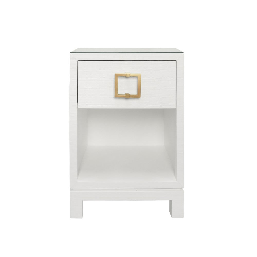 Worlds Away - One Drawer Side Table With Large Brass Square Hardware In White Textured Linen With Glass Top - BLAIR WH view 1