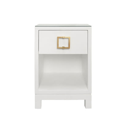Worlds Away - One Drawer Side Table With Large Brass Square Hardware In White Textured Linen With Glass Top - BLAIR WH view 1