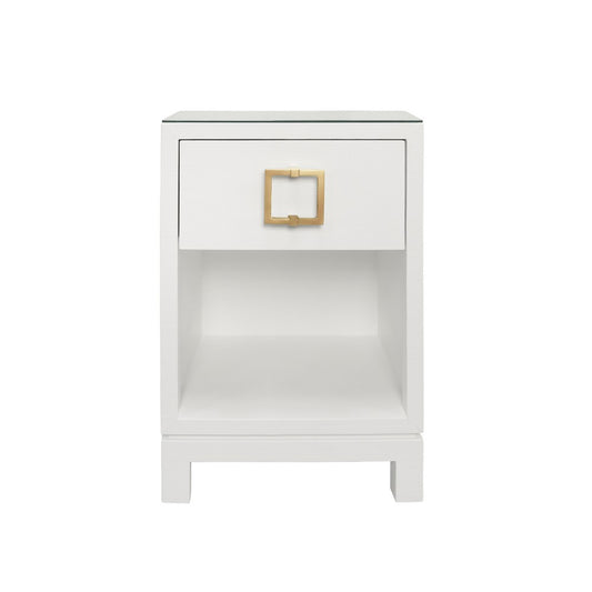 Worlds Away - One Drawer Side Table With Large Brass Square Hardware In White Textured Linen With Glass Top - BLAIR WH view 1