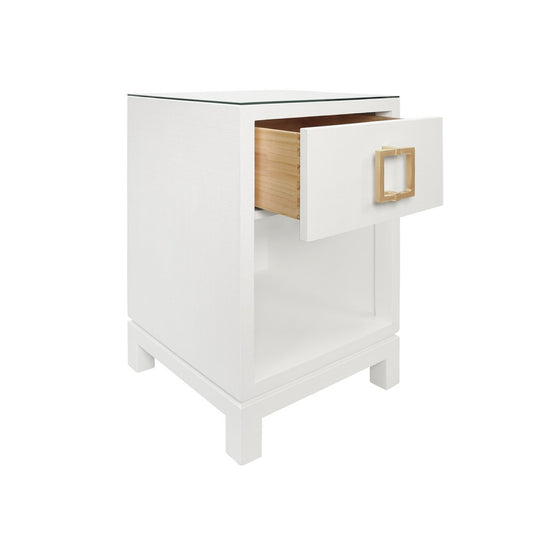 Worlds Away - One Drawer Side Table With Large Brass Square Hardware In White Textured Linen With Glass Top - BLAIR WH view 2