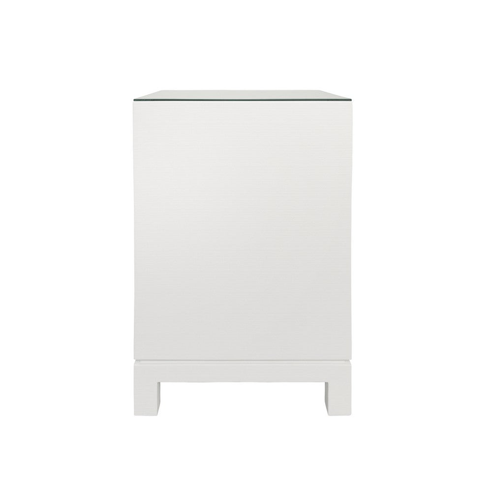 Worlds Away - One Drawer Side Table With Large Brass Square Hardware In White Textured Linen With Glass Top - BLAIR WH view 3