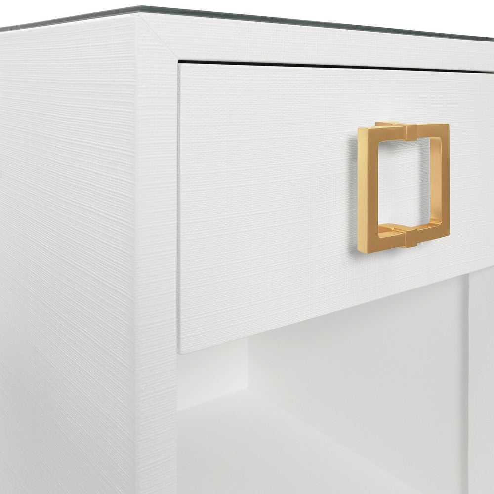 Worlds Away - One Drawer Side Table With Large Brass Square Hardware In White Textured Linen With Glass Top - BLAIR WH view 4