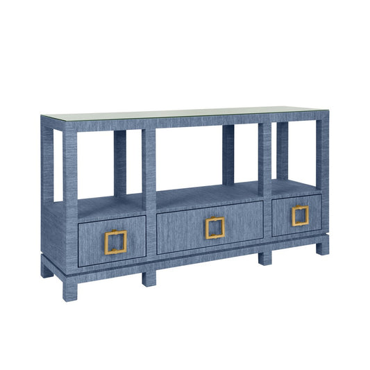 Worlds Away - Open Shelf Console With Three Bottom Drawers And Square Satin Brass Hardware In Dyed Blue Grasscloth - CAMPBELL BL view 1