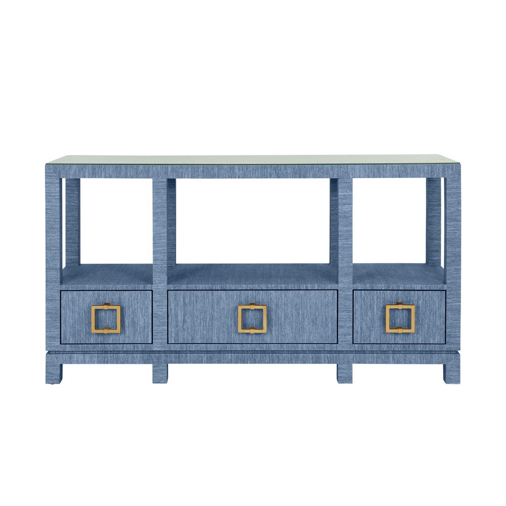Worlds Away - Open Shelf Console With Three Bottom Drawers And Square Satin Brass Hardware In Dyed Blue Grasscloth - CAMPBELL BL view 2