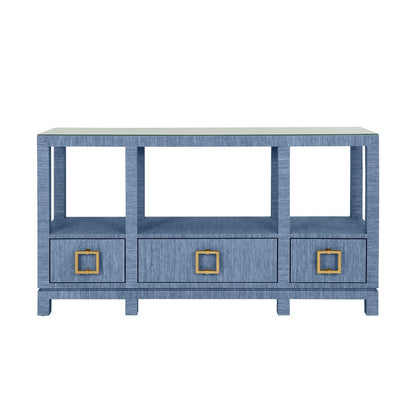 Worlds Away - Open Shelf Console With Three Bottom Drawers And Square Satin Brass Hardware In Dyed Blue Grasscloth - CAMPBELL BL view 2
