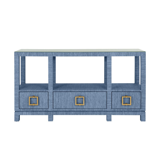Worlds Away - Open Shelf Console With Three Bottom Drawers And Square Satin Brass Hardware In Dyed Blue Grasscloth - CAMPBELL BL view 2