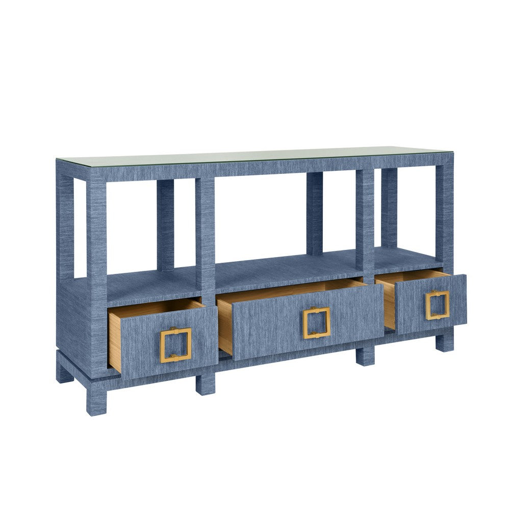 Worlds Away - Open Shelf Console With Three Bottom Drawers And Square Satin Brass Hardware In Dyed Blue Grasscloth - CAMPBELL BL view 3