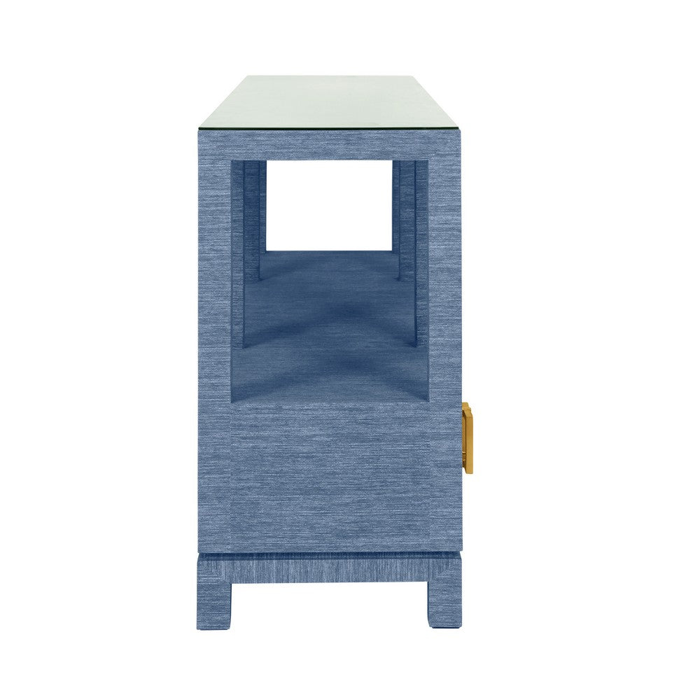 Worlds Away - Open Shelf Console With Three Bottom Drawers And Square Satin Brass Hardware In Dyed Blue Grasscloth - CAMPBELL BL view 4