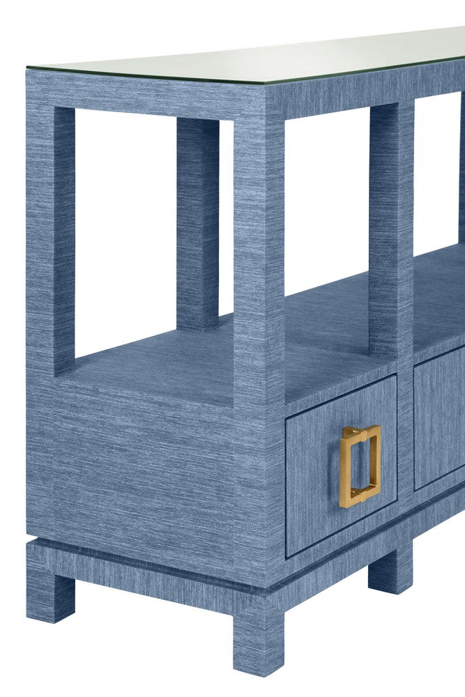 Worlds Away - Open Shelf Console With Three Bottom Drawers And Square Satin Brass Hardware In Dyed Blue Grasscloth - CAMPBELL BL view 5