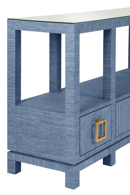 Worlds Away - Open Shelf Console With Three Bottom Drawers And Square Satin Brass Hardware In Dyed Blue Grasscloth - CAMPBELL BL view 5