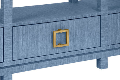 Worlds Away - Open Shelf Console With Three Bottom Drawers And Square Satin Brass Hardware In Dyed Blue Grasscloth - CAMPBELL BL view 6