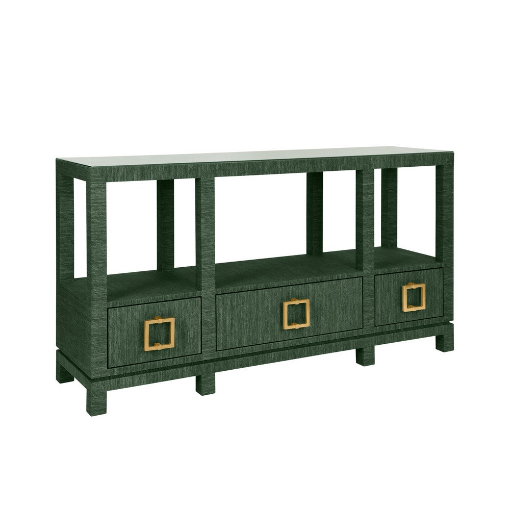 Worlds Away - Open Shelf Console With Three Bottom Drawers And Square Satin Brass Hardware In Dyed Green Grasscloth - CAMPBELL GR view 1