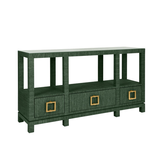Worlds Away - Open Shelf Console With Three Bottom Drawers And Square Satin Brass Hardware In Dyed Green Grasscloth - CAMPBELL GR view 1