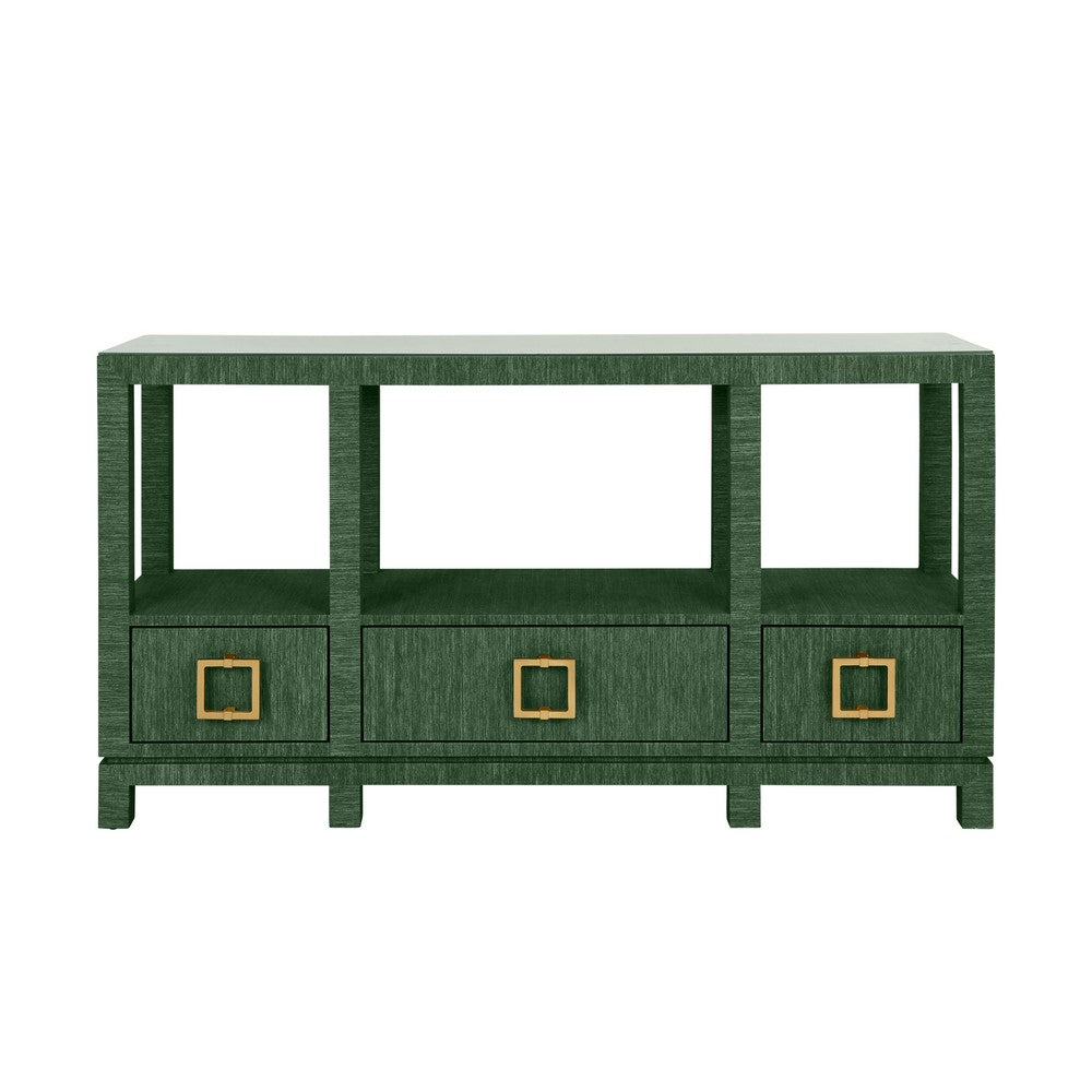 Worlds Away - Open Shelf Console With Three Bottom Drawers And Square Satin Brass Hardware In Dyed Green Grasscloth - CAMPBELL GR view 2