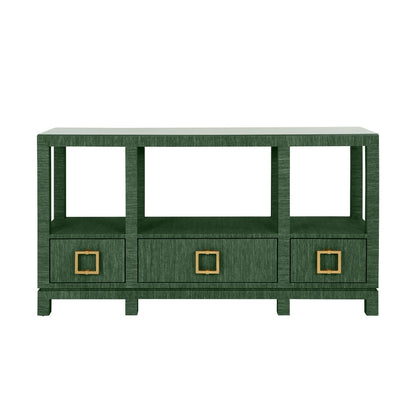 Worlds Away - Open Shelf Console With Three Bottom Drawers And Square Satin Brass Hardware In Dyed Green Grasscloth - CAMPBELL GR view 2