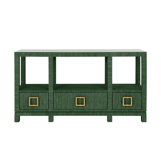 Worlds Away - Open Shelf Console With Three Bottom Drawers And Square Satin Brass Hardware In Dyed Green Grasscloth - CAMPBELL GR view 2